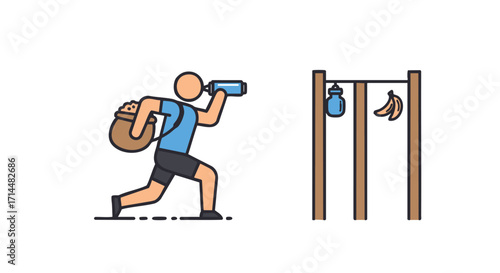 Vibrant illustration depicting an active individual on a fitness journey, hydrating while engaging in outdoor exercise, complemented by healthy nutrition and workout equipment