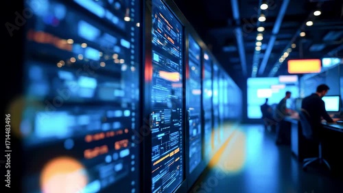 Modern data center with illuminated screens displaying analytics, professionals monitoring systems