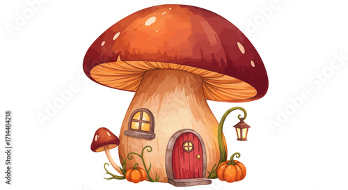 Watercolor illustration of a whimsical mushroom house with a red door, small windows, pumpkins, and a lantern, against a white background, featuring warm autumnal colors.