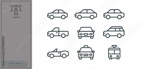 Various car icons displayed in a grid format showing different types and styles of vehicles