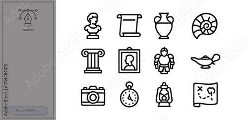 Collection of ancient artifacts and symbols displayed in a simple line art style for educational purposes