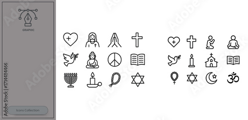 Various religious symbols and icons representing different faiths and beliefs in a simple and clear design