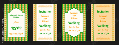 Wedding Invitation card collection. Vector illustration of indian floral Mughal frame Wedding Invitation poster with typography. Wedding flyer in indian style. EPS 10