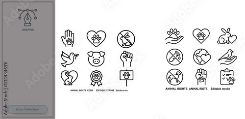 Various animal rights icons featuring symbols of love, protest, and care for animals in a simple line art style