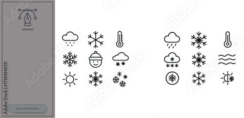 Weather icons depicting various seasonal elements including sun, snow, rain, and temperature in a simple black and white design