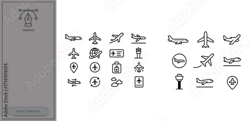 Air travel icons collection featuring planes, globe, luggage, and airport symbols in simple black-and-white design