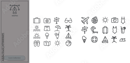Icons representing vacation activities and items for a fun summer getaway by the beach or poolside