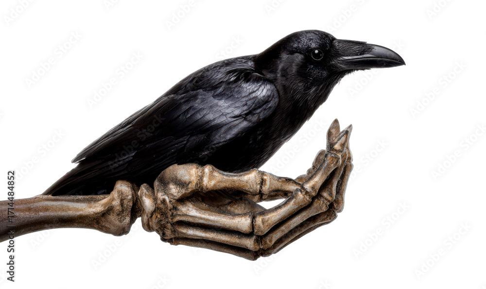 Obraz premium Raven Perched on Skeletal Hand in Dark Fantasy Aesthetic Isolate on Transparent Background, cutout, png