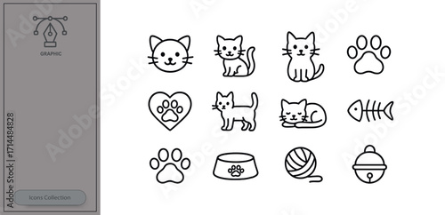 Cute cat-themed illustrations featuring playful designs of cats, paw prints, and accessories in various styles and poses