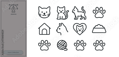Collection of cute cat symbols with various poses and activities in simple black outline design