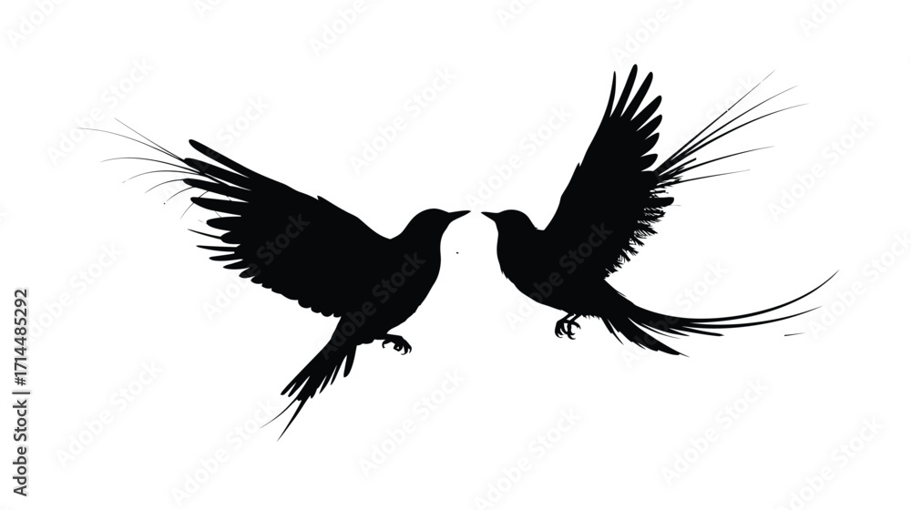 Obraz premium WebTwo black birds flying gracefully, a striking symbol of freedom, perfect for minimalist designs, nature-inspired projects, or artistic expressions conveying peace and tranquility