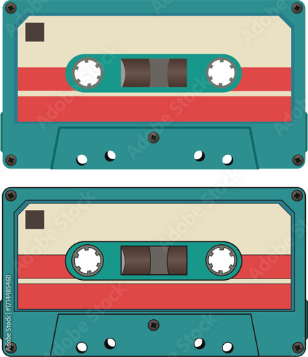Cassette tape with blue and red color flat vector illustration