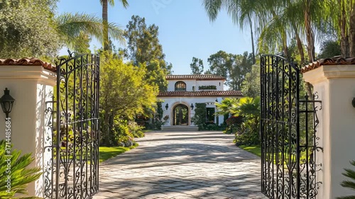 Luxurious Mediterranean Estate Home Viewed Through Ornate Iron Gates on a Sunny Day with Palm Trees and Lush Landscaping