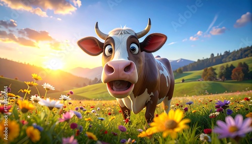 Cheerful cartoon cow in a meadow, flowers, mountains in background, sunset, bright, vibrant colors, playful, inviting