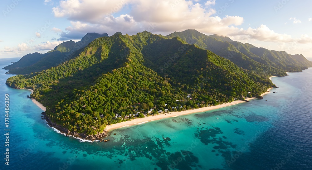 Fototapeta premium Aerial View of Island Mountains and Blue - Green Coast