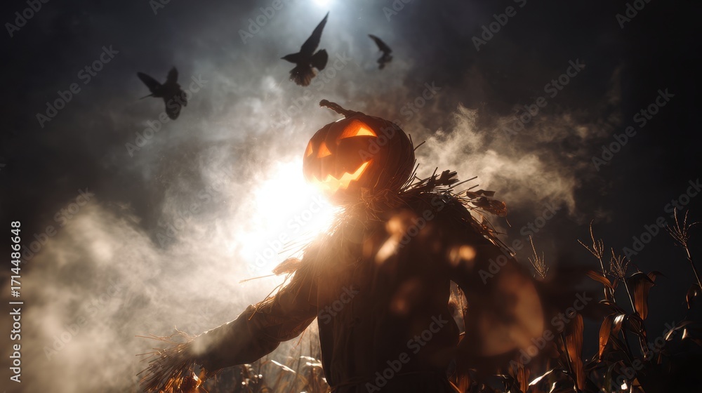 Fototapeta premium Spooky Halloween scarecrow portrait in a foggy cornfield at night, rustic straw hat and tattered clothes under moody low key lighting for autumn harvest, eerie rural horror atmosphere