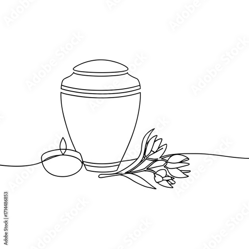 Simple linear design of urn with candle and flowers on white background  