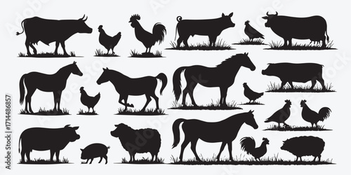 Farm animals collection vector set with silhouettes of pets and wild animals