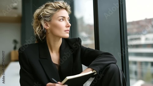 europen businesswoman, elegant blouse, panoramic office window, coffee cup, smiling, looking outside, modern city view, office setting, coffee break, portrait, corporate lifestyle