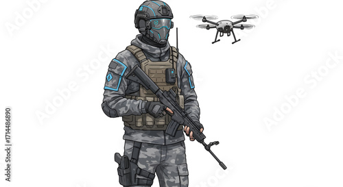 Close-up illustration of a soldier holding a rifle, with a drone nearby, against a white background; a cool, neutral color palette conveying a serious mood.
