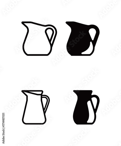 Collection of black and white milk jug and water pitcher icons, featuring various styles for kitchen and beverage themes.
