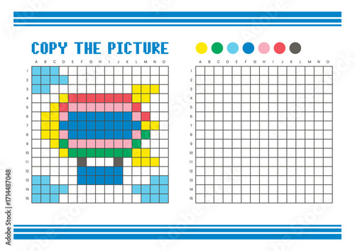 Copy the picture grid drawing worksheet for kids. Pixel art zeppelin