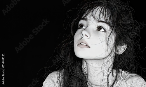 A grayscale portrait of a young woman gazing upwards, with expressive features and flowing hair