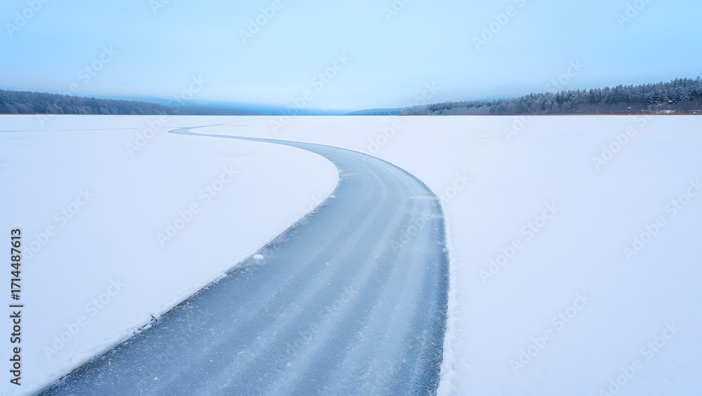 Obraz premium Serene Winter Landscape: Frozen River Path Through Snowy Wilderness, Minimalist Blue Tone