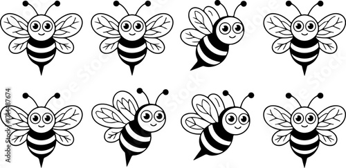 Adorable Cartoon Bees Black and White Illustration Set
