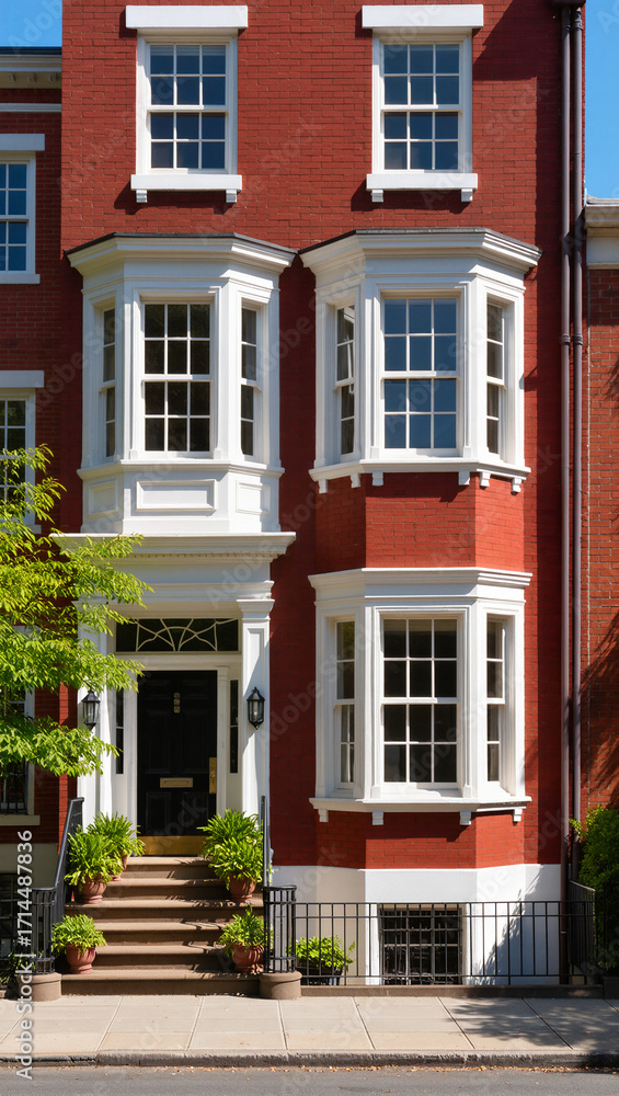 Naklejka premium The front facade of a classic red brick townhouse with a dark front door and large bay windows. The image is the elegant and traditional residential architecture found in English and American cities.