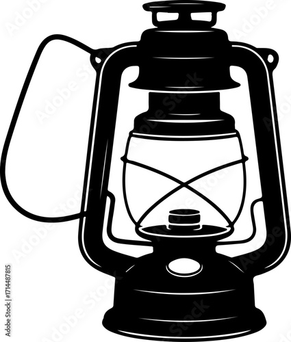 Antique kerosene lantern with glass globe and metal handle, vintage lighting device for a rustic ambiance or historical representation