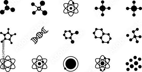 Black and White Science Icons A Set of Molecules, Atoms, and DNA Representations