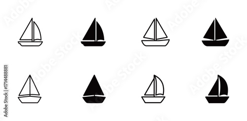 Set of black and white sailboat icons, representing sailing, recreation, and marine travel.