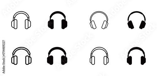 Set of black and white headphone icons, representing music, audio, and entertainment.