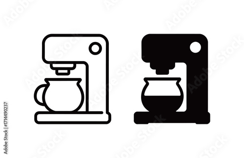 Set of black and white coffee maker icons, representing a popular kitchen appliance for brewing coffee.