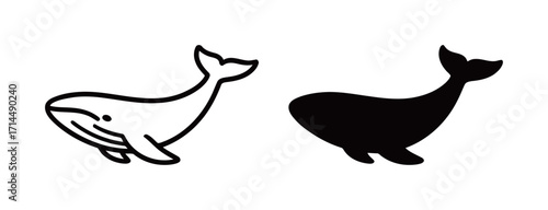 Black and white whale icons, featuring a large marine mammal for ocean and wildlife themes.