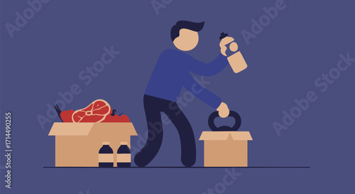 Man Packing Food Items and Bottles into Boxes for Travel and Delivery Purposes