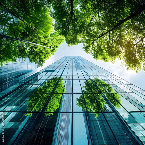 Modern skyscraper reflecting lush green trees under a bright sky