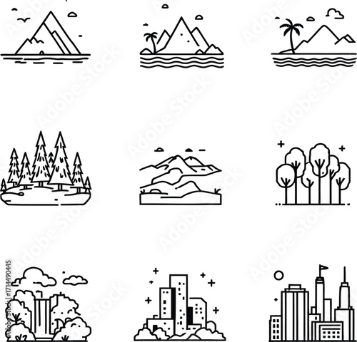 Collection of nine minimalist line art icons depicting landscapes and cityscapes in black and white style