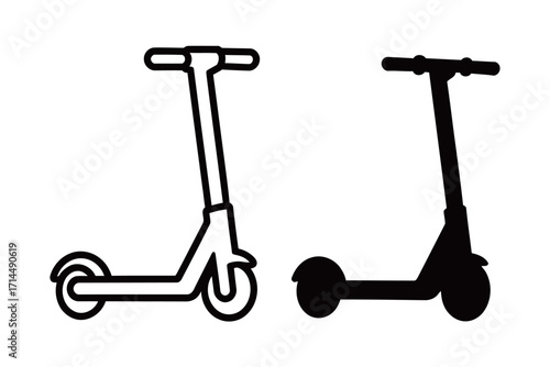 Two-wheeled scooter icon set. Electric and kick scooters in outline and solid black silhouette. Simple vector symbol for personal transport.