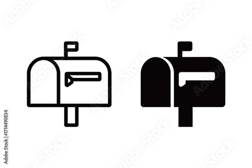Classic American style mailbox icon set. Postal service and home delivery symbol in outline and solid black silhouette. Simple vector for communication.