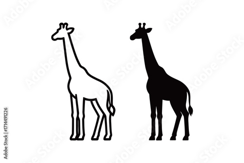 Tall giraffe animal icon set. African wildlife creature with long neck in outline and solid black silhouette. Simple vector symbol for nature and safari.