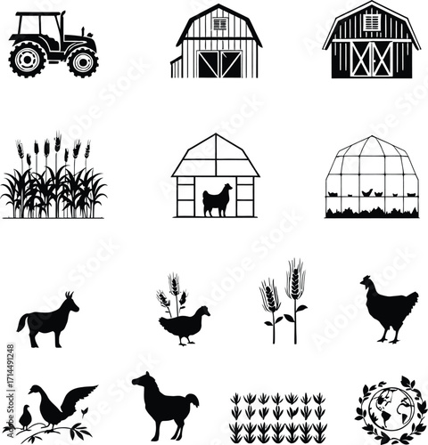 A collection of farm related black and white graphics featuring animals crops and farm equipment images