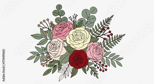 A beautifully illustrated bouquet of assorted roses in red, pink, and cream, accented with delicate eucalyptus and fern leaves for elegant design