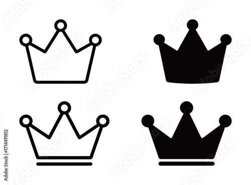 Royal crown icon set. King and queen symbol in outline and solid black silhouette. Simple vector for monarchy, authority, and royalty.