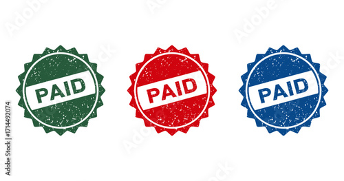 Red circular vector seal stamp icon graphic with 'paid' text for business and finance