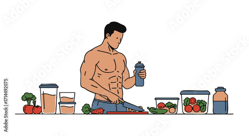 Muscular man preparing a healthy meal in the kitchen, emphasizing fitness and a nutritious diet for an active lifestyle