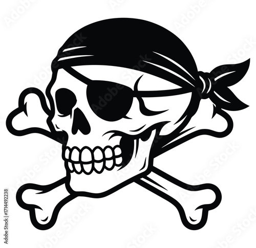 Black and white pirate skull with bandana and crossbones vector