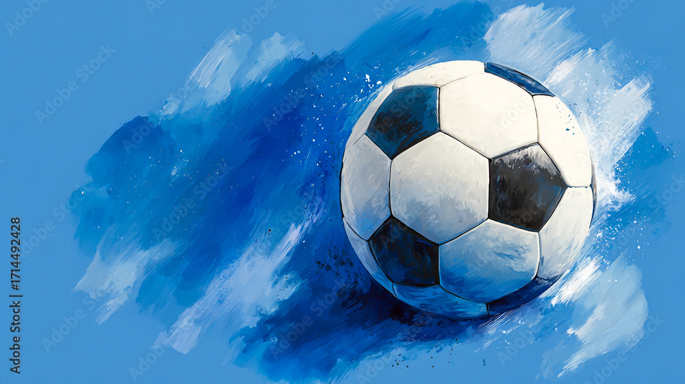 Fototapeta premium Soccer ball on a blue watercolor background, with brush paint strokes