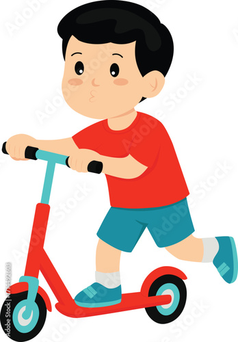 Illustration of Cartoon Boy Riding a Kick Scooter